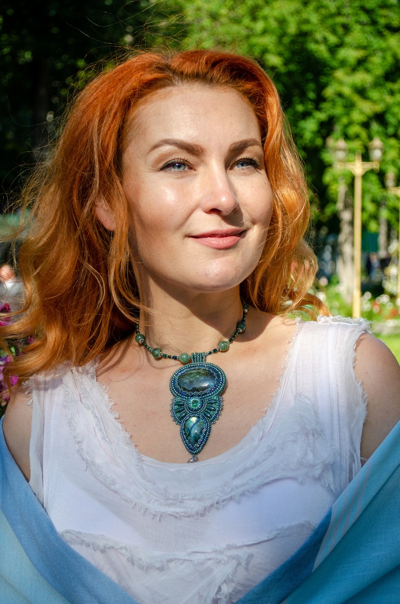 Green pendant bead embroidery pendant beaded necklace Etsy