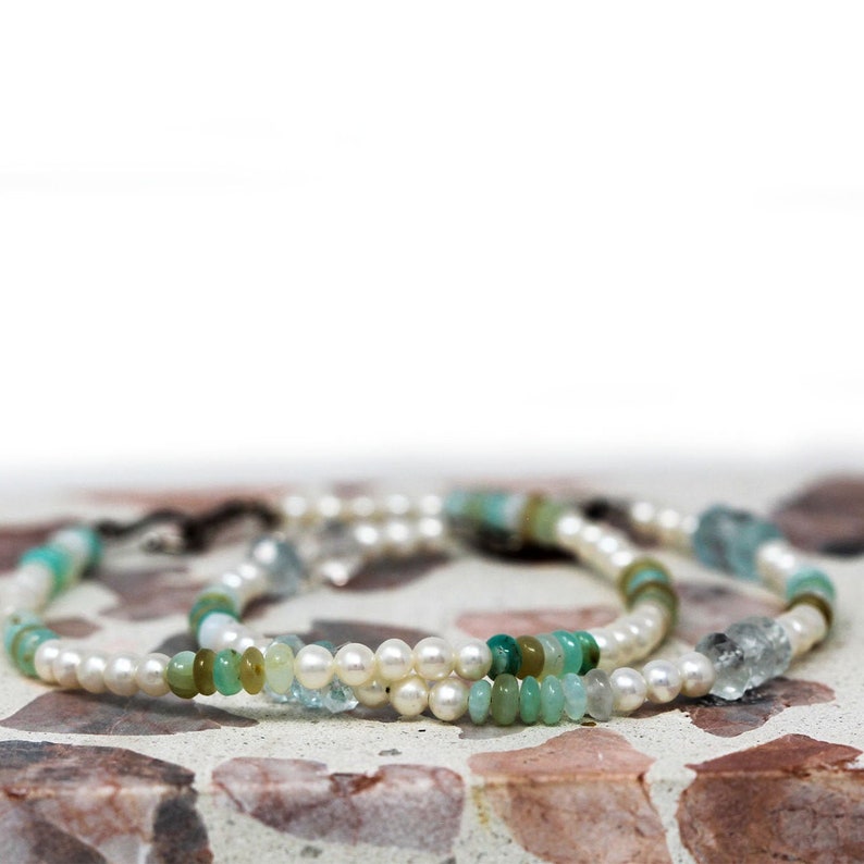 Pearl Bead Bracelets Set of Two Freshwater Pearl and Gemstone Bead Bracelets Sterling Silver Clasp Dainty Bracelets
