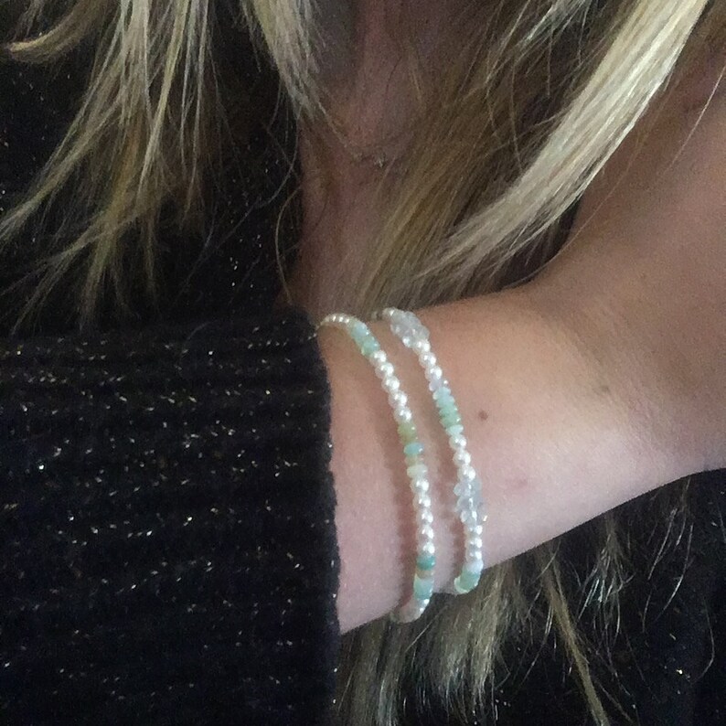 Pearl Bead Bracelets Set of Two Freshwater Pearl and Gemstone Bead Bracelets Sterling Silver Clasp Dainty Bracelets