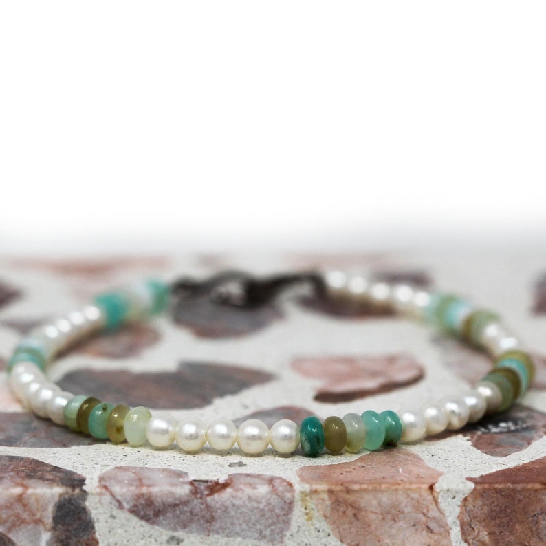 Pearl Bead Bracelets Set of Two Freshwater Pearl and Gemstone Bead Bracelets Sterling Silver Clasp Dainty Bracelets