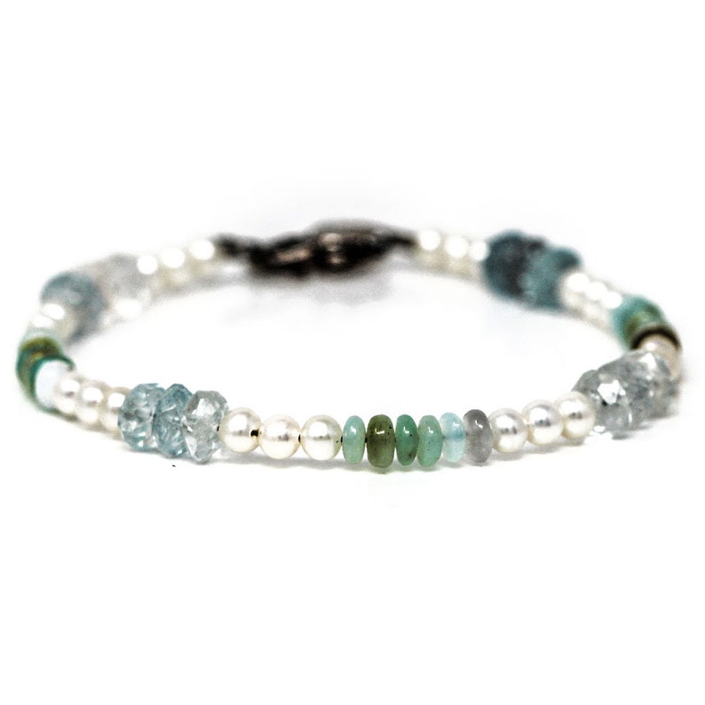 Pearl Bead Bracelets Set of Two Freshwater Pearl and Gemstone Bead Bracelets Sterling Silver Clasp Dainty Bracelets