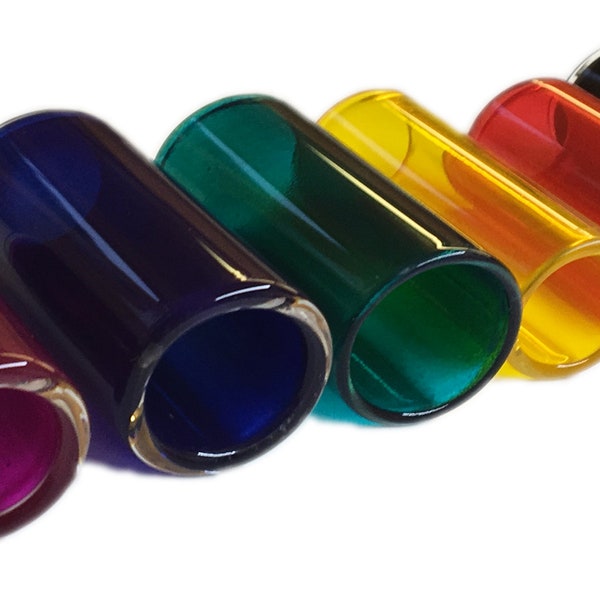 Coloured Glass Guitar Slide, Handmade to your Requirements. Free Mojo Bag, with your name engraved, with every order.