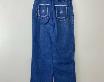 Vintage 1970s/80s Stuffed Jeans, 23.5" x 33", Embroidered Pockets, High Waisted, Straight Leg