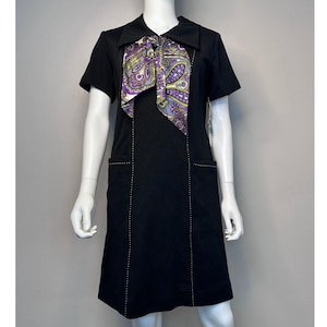 Vintage 1960s Black Shift Dress with Purple Paisley Scarf Tie, Monarch Size Medium, Deadstock with Tags