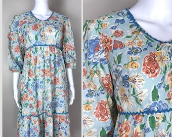 Vintage 1970s Blue Floral Midi Dress, Size Small, Prairie Peasant Cottagecore