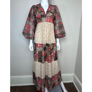 Vintage 1970s Patchwork Print Boho Maxi Dress, Size XS, Sheer Balloon Sleeves, Cottagecore