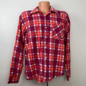 Vintage 1970s Red Plaid Flannel Shirt, Size Large, Printed Cotton, Distressed