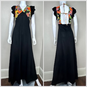 Vintage 1970s does 30s Black Maxi Dress, Floral Bodice, Open Back, Joseph Magnin Size Medium