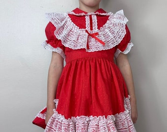 Vintage 1980s Red Polka Dot Frilly Dress, Mini World Size 4, Pageant, Full Circle