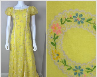 Vintage 1970s Yellow Sheer Flocked Floral Maxi Dress, JCPenney Fashions Size XS