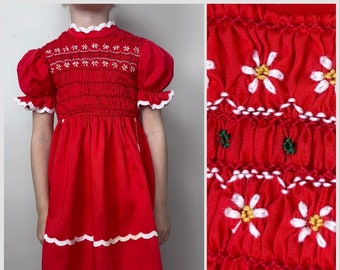 Vintage 1970s/80s Red Smocked Short Sleeve Dress with Ric Rack Trim, Girls Size 5, Floral