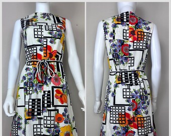 Vintage 1960s Floral and Geometric Print Dress, Nancy Greer Size Small