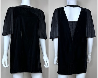 Vintage 1980s Black Velvet Micro Mini Dress with Back Cut Out, Size Medium