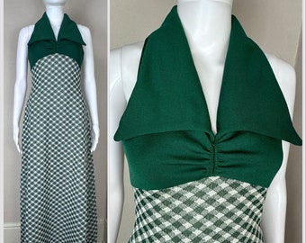 Vintage 1970s Green Plaid Polyester Double Knit Maxi Dress with Huge Collar, Size Small