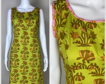 Vintage 1960s Green and Pink Floral Sleeveless Dress, Handmade Size Small