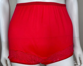 Vintage 1950s Red Nylon High Waisted Panties with Knife Pleat Inserts, Movie Star Size 6, Mushroom Gusset