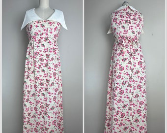 Vintage 1970s Floral Maxi Dress with Huge Collar, Size Small