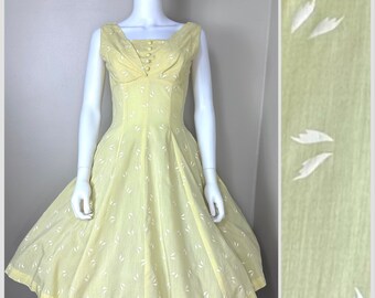 Vintage 1950s Pastel Yellow Sleeveless Dress, Size XS, Full Skirt