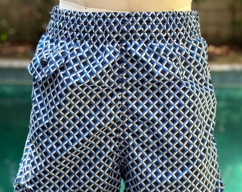 Traje de baño para hombre de nailon con estampado geométrico vintage de la década de 1950, talla XS-pequeña, pantalones cortos de bañador