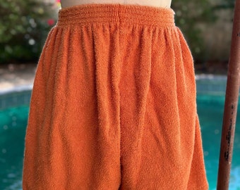 Vintage 1970s Orange Terrycloth Shorts, Swim Cover-Up, Size L/XL