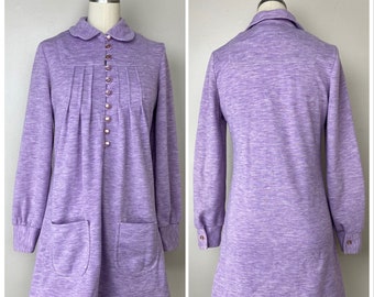 Vintage 1970s Mod Knit Mini Dress, Size Small, Heathered Purple Peter Pan Collar