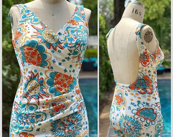 Vintage 1960s Psychedelic Floral Swimsuit, Perfection Fit by Roxanne, Size XS-Small with C Cup