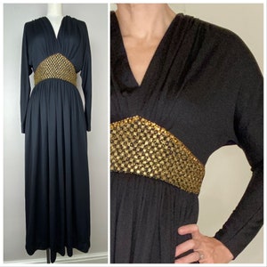 Vintage 1970s Victor Costa Black Maxi Dress with Gold Beads and Rhinestones, Size XS