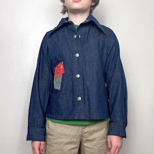 Vintage 1970s Girls Denim Jacket with Patches, Peaches ‘n Cream, Kids Size 8/10