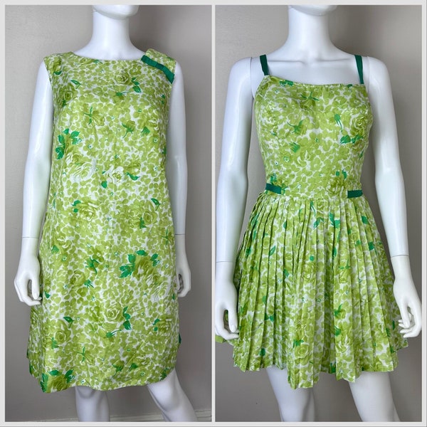 Vintage 1950s Green Floral Swimsuit Skirted Romper and Cover Up Dress, Gabar Playsuit Size Small