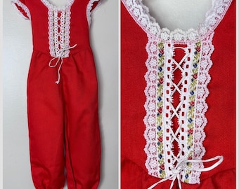 Vintage 1970s Girls Overall Jumpsuit with Lace Up Bodice, Evy of California size 2T