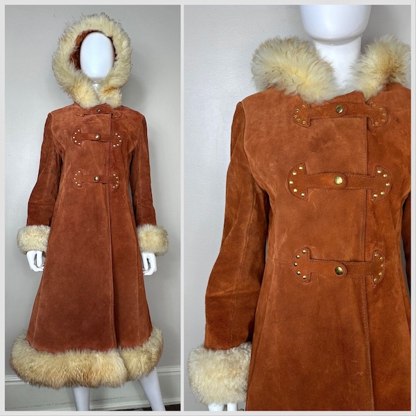 Vintage 1970s Brown Leather Coat with Lamb Fur Trim, Penny Lane, Irving Posluns Size Small