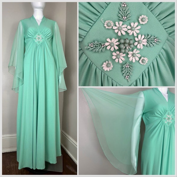 Vintage 1970s Mint Green Maxi Dress with Sheer Angel Wing Sleeves, Size Medium