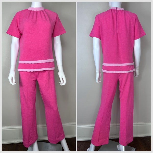Vintage 1960s 1970s Bright Pink Polyester Top and Pants Set, Talbott Travler Size Small