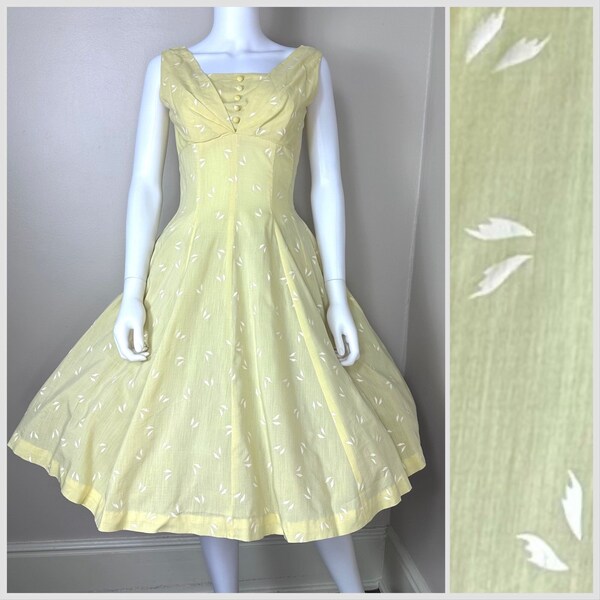 Vintage 1950s Pastel Yellow Sleeveless Dress, Size XS, Full Skirt