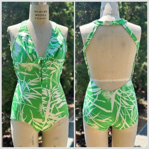 Vintage 1970s/80s Green and White Tropical One Piece Swimsuit, Size XS, Plunging Neckline and Open Back