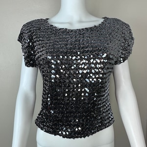 Vintage 1980s Black Sequin Top, Rio Blouse Size S/M