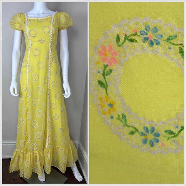 Vintage 1970s Yellow Sheer Flocked Floral Maxi Dress, JCPenney Fashions Size XS