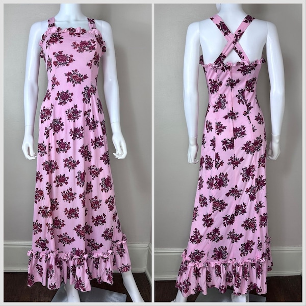 Vintage 1970s Pink Floral Knit Maxi Dress, Mad Whirl Size XS