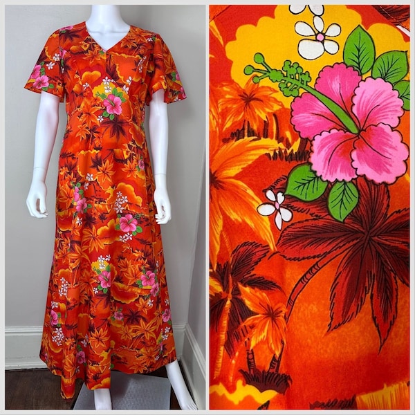 Vintage 1970s Orange Tropical Floral Maxi Dress, Royal Hawaiian Size M/L