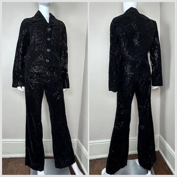 Vintage 1960s/70s Black Velvet with Rainbow Glitter Suit, National Shirt Shop Jacket and Pants, Size S/M