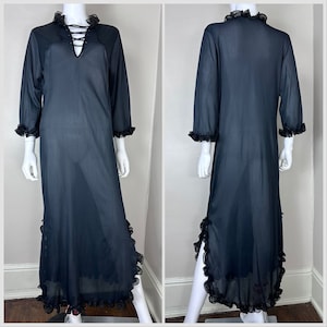 Vintage 1960s/70s Sheer Black Nightgown, Size Medium, Lace Up Plunging Neckline