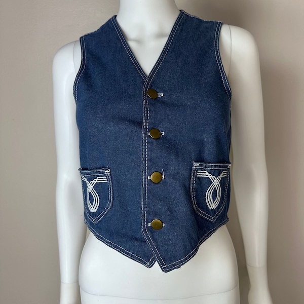 Vintage 1970s Denim Vest, Western, Sportswear by Sears Youth Large/Adult XS