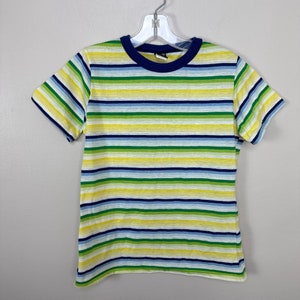 Vintage 1970s Striped T-Shirt, Jugs Size Small, Blue Yellow and Green