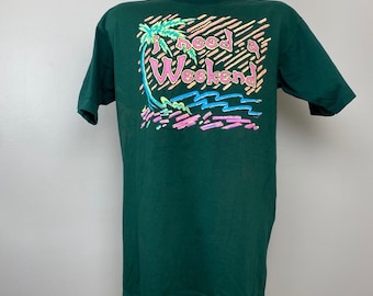 Maglietta vintage anni '90, I Need A Weekend, taglia M/L, verde, colori neon
