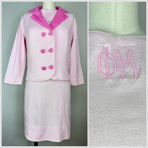 Vintage 1960s Phi Mu Fraternity Pastel Pink Suit, Dress and Jacket, XS, Sorority