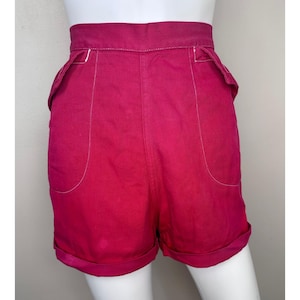 Vintage 1950s Red Denim Shorts, High Waisted, Cuffed, Back Zip, Faded, Distressed