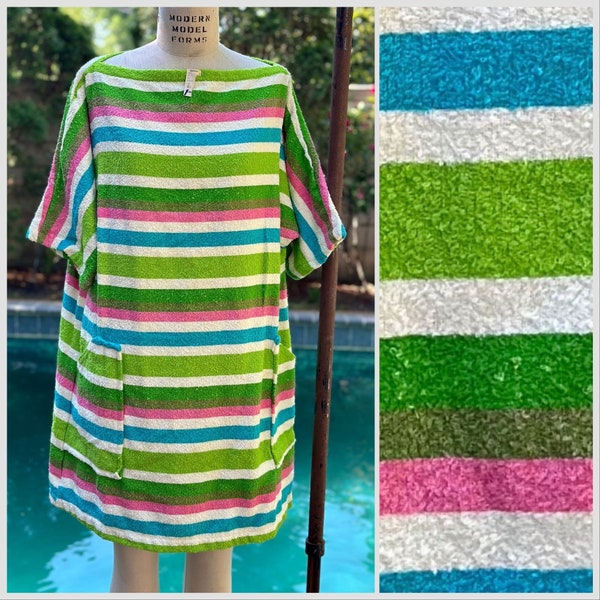 Vintage 1960s Striped Terry Cloth Beach Dress, Miss Elaine, Swimsuit Cover Up, New with Tag, Goldsmith’s