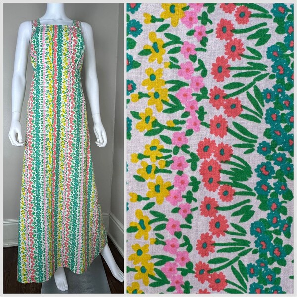 Vintage 1960s Floral Stripe Sleeveless Maxi Dress, Handmade Size Medium, Leon B Rosenblatt Textiles