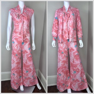 Vintage 1970s Floral 3 Piece Set, Pant Suit, Leslie J Size Medium, Sleeveless Top, Long Sleeve Top