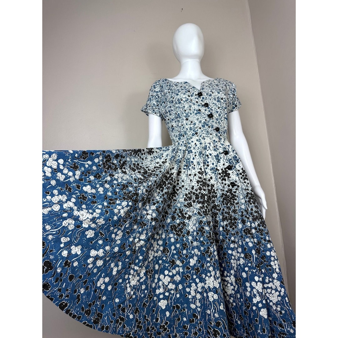 1950s Blue White Floral Stripe Dress | XS/S